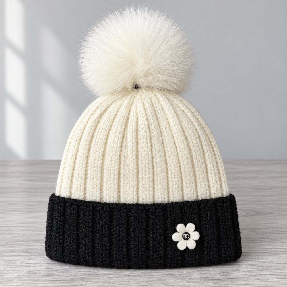 CHANEL Two-Tone Pom Pom Knit Beanie